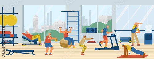 Different elderly people doing exercises in the gym flat vector illustration. Active retirement.