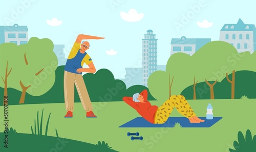 Elderly couple doing exercises in the park flat vector illustration. Active senior people outdoors.