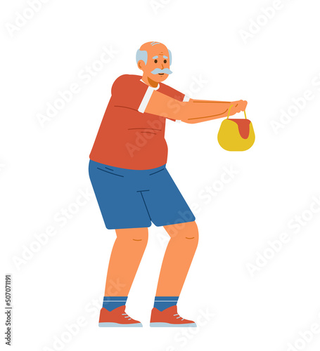 Senior man doing exercises flat vector illustration. Elderly man squatting with weight.