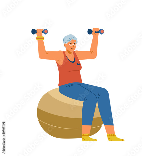 Senior woman doing exercises with dumbbells on the fit ball flat vector illustration. 