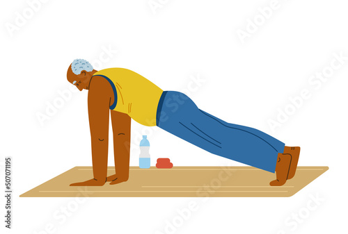 African american senior man doing exercises on the mat flat vector illustration. Elderly man doing plank.