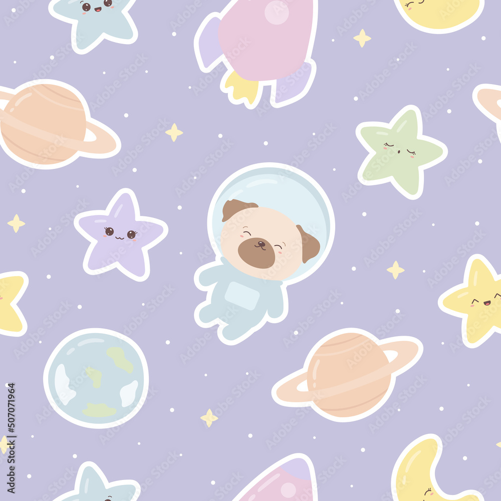 Seamless pattern with cartoon kawaii animal astronaut, earth, saturn, stars, rocket and crescent. Сute print for phone case, backgrounds, fashion, wrapping paper and textile. Vector Illustration