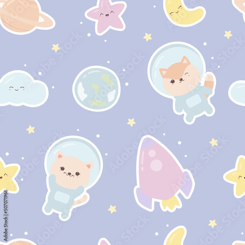 Seamless pattern with cartoon kawaii animals astronauts, planets, stars, rocket, crescent and cloud. Сute print for phone case, backgrounds, fashion, wrapping paper and textile. Vector Illustration © Kiki