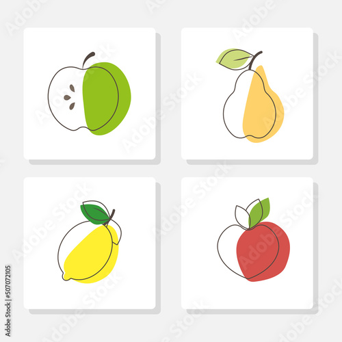 Line fruit icons Healthy food: apple, pear, lemon, strawberry