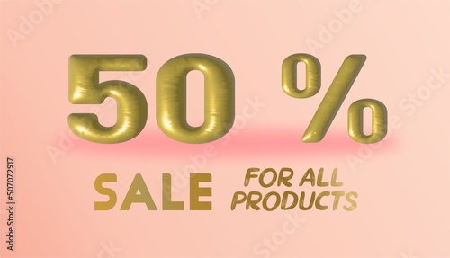 3D VOLUMETRIC, GOLD INSCRIPTIONS SALE 50%ON A SOFT PINK BACKGROUND. REALISTIC DISCOUNT FIGURES.