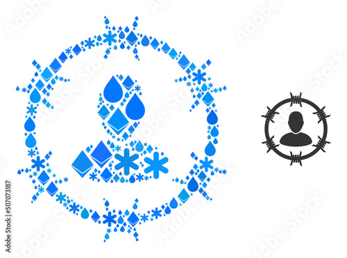 Vector winter blue water collage prisoner icon. Prisoner collage is formed of mineral elements, water drops, snow flakes. Winter related items are arranged into abstract collage prisoner icon.