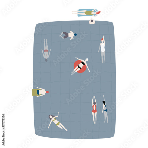 Simple flat style illustration. Swimmers in the summer swimming pool. Happy people resting.