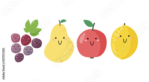 Simple kids illustrations set with smiling fruits. Flat style vector collection isolated on white background.