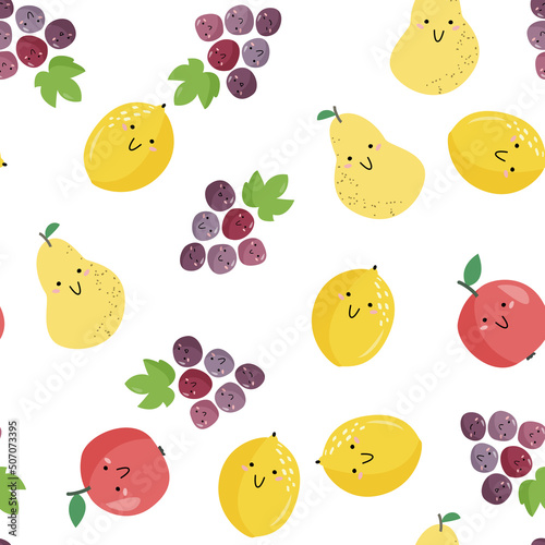 Simple kids background with smiling fruits. Flat style vector seamless pattern.