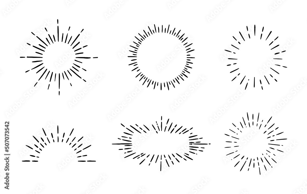 Sun burst vintage shapes collection. Hand drwan sun ray frames retro vector design elements.