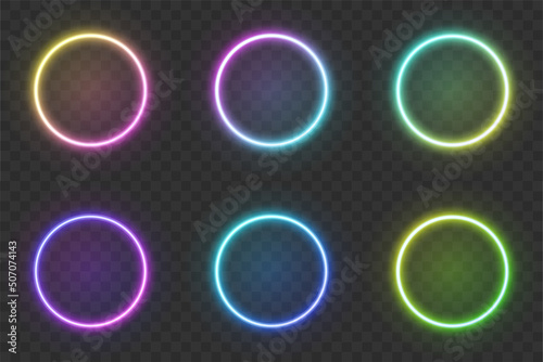 Collection of glowing neon lighting frames on dark background with copy space. Gradient colors illuminate frame design.