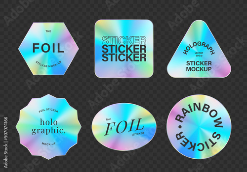 Collection of holographic stickers of different shapes. Hologram label vector mock-up.