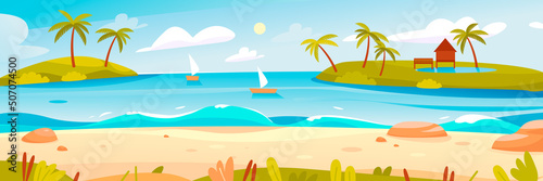 Summer beach with palm trees on the seashore. Beautiful seascape. Banner for summer holidays. The sea horizon with islands and boats. Cartoon vector illustration