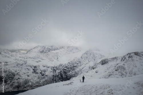 Winter mountain scene with photographer and tripod