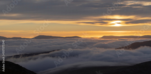 Rhinogydd mountain scene over the Snowdonia mountains with cloud inversion