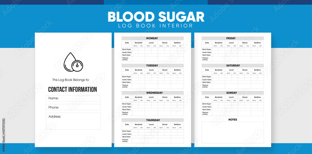 Blood Sugar Log Book KDP interior: 2 Years Diabetes Log Book to Track Glucose Level and Activities - obrazy, fototapety, plakaty 