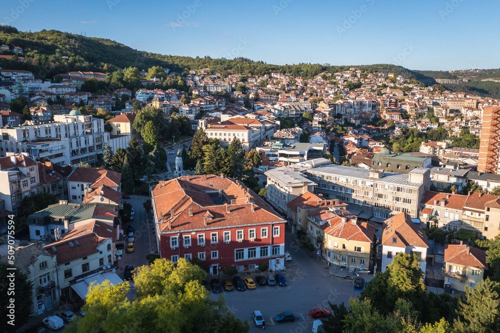 Aerial view of Veliko Tarnovo city in Bulgaria, Military Club on photo