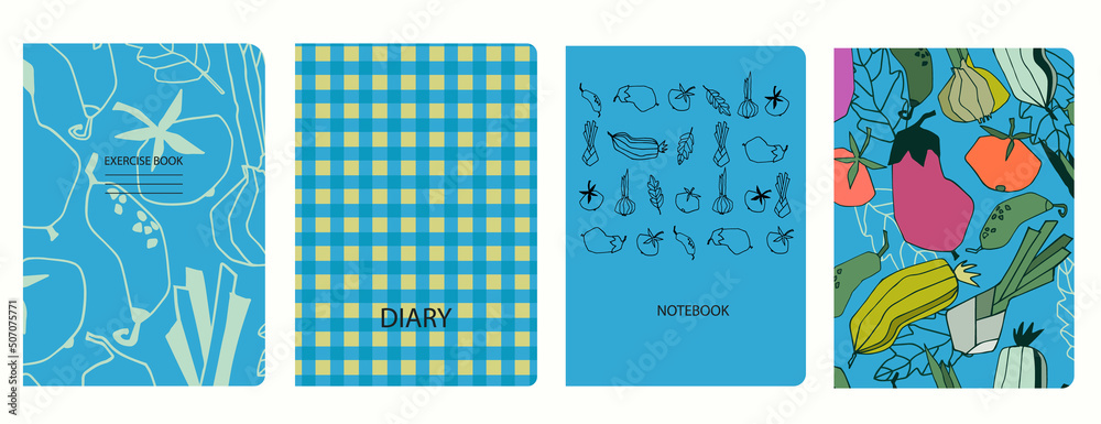 Set of cover page templates with hand drawn stylized vegetables. Based on seamless patterns. Headers isolated and replaceable. Perfect for school notebooks, notepads, diaries, etc