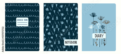 Set of cover page templates based on patterns with anemone, poppy flowers in Ditzy style and gridlines. Backgrounds for notebooks, notepads, diaries. Headers isolated and replaceable
