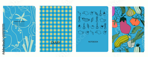 Set of cover page templates with hand drawn stylized vegetables. Based on seamless patterns. Headers isolated and replaceable. Perfect for school notebooks, notepads, diaries, etc