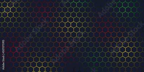 Abstract hexagonal metal background with red green and yellow light. grey and red hexagons modern background, background shapes, illustration, vector