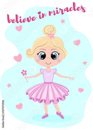 cute card, print, background with a picture of a girl. believe in miracles 