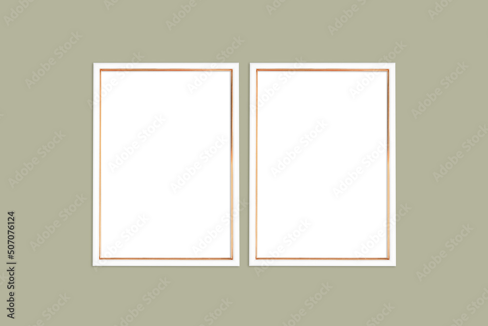 Two vertical white and gold frames on a khaki background Two vertical white and gold frames on a khaki background