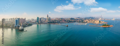 Leinwand Poster Aerial photography of Qingdao bay trestle bridge scenery