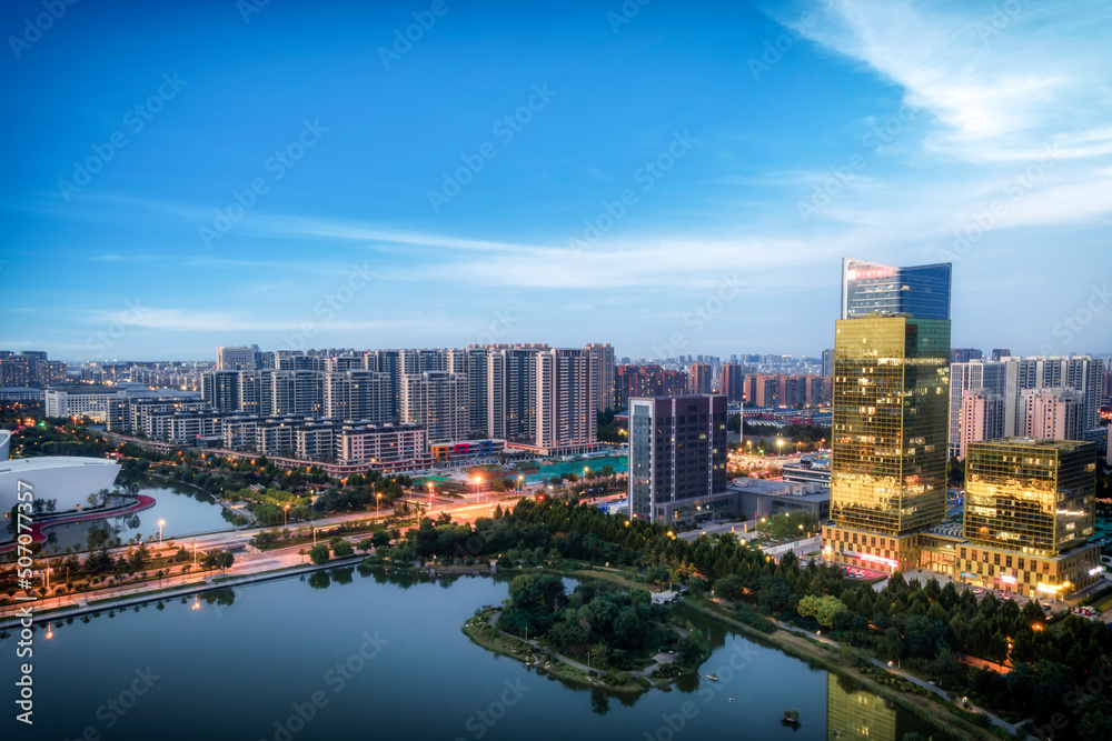 Night view of modern urban architecture landscape in Zibo, China