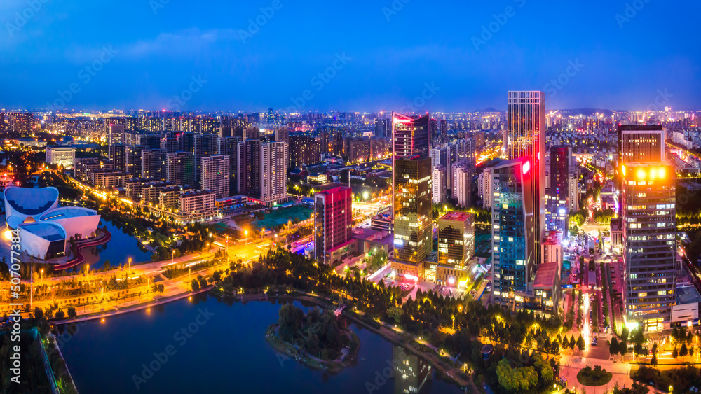 Night view of modern urban architecture landscape in Zibo, China