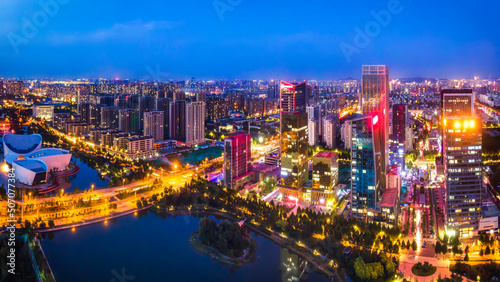 Night view of modern urban architecture landscape in Zibo  China