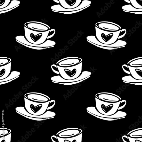 Vector seamless patten with hand drawn cup of coffee or tea cup and hearts. Simple monochrome background.