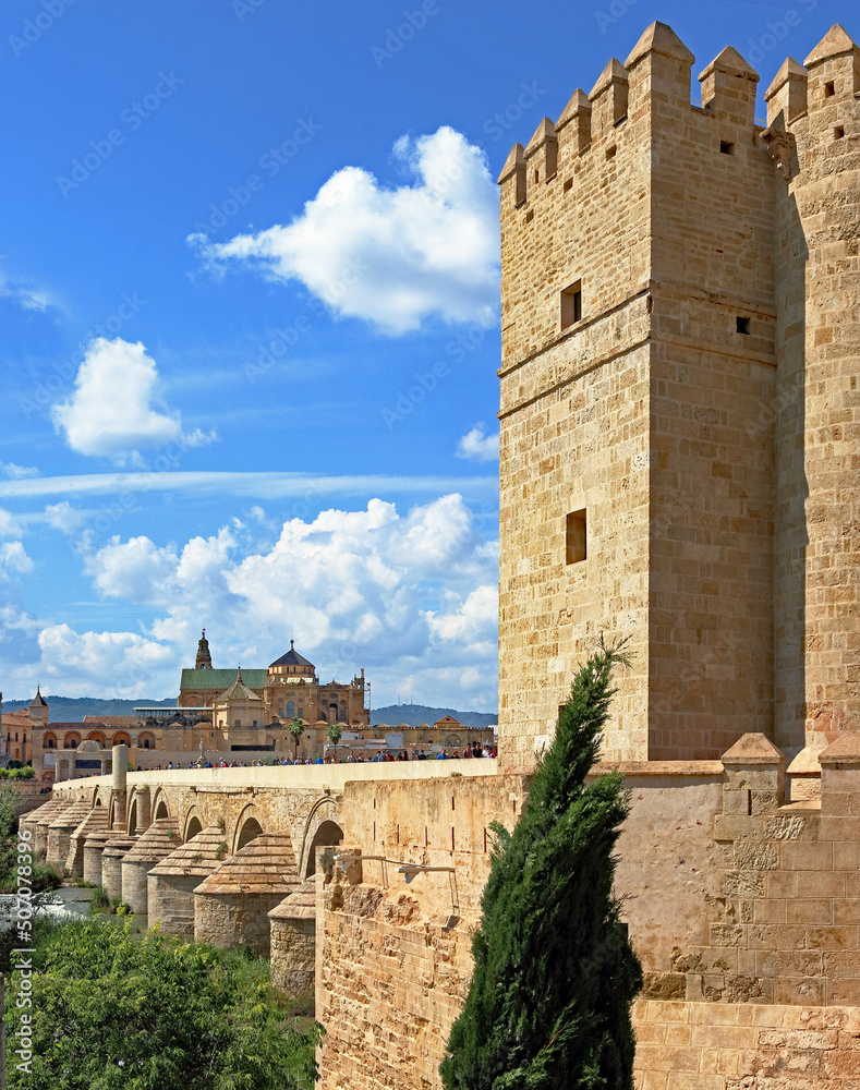 Calahorra castle, the roman bridge and great mosque of Cordoba, Spain