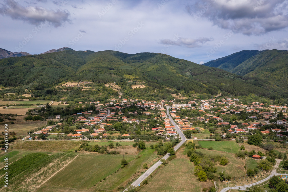 Aerial drone photo of view of rose fields near Skobelevo village in Rose Valley, Bulgaria