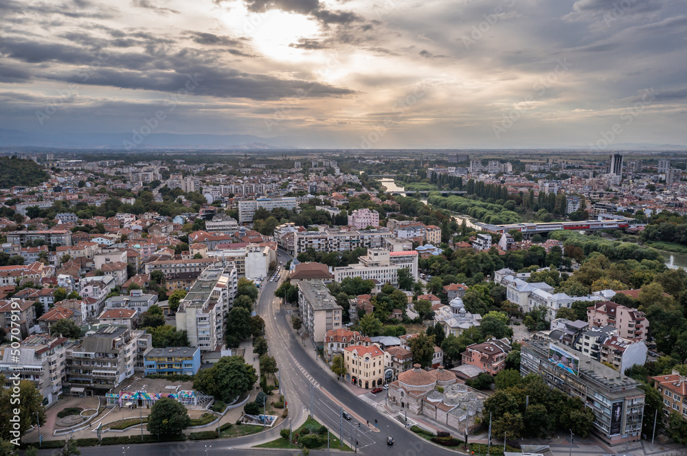 Fototapeta premium Aerial drone photo of Plovdiv city in Bulgaria