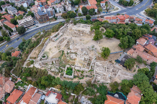 High angle drone photo of fortress ruins on Nebet Hill in Plovdiv city, Bulgaria