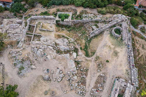 High angle drone view of fortress ruins on Nebet Hill in Plovdiv city, Bulgaria photo