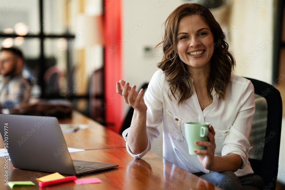 Happy businesswoman working on laptop. Portrait of beautiful businesswoman using the phone in the office
