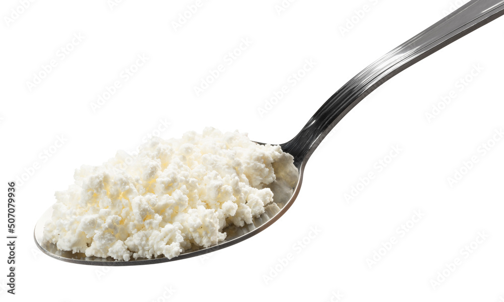 cottage cheese on spoon isolated on white. the entire image is sharpness. - obrazy, fototapety, plakaty 