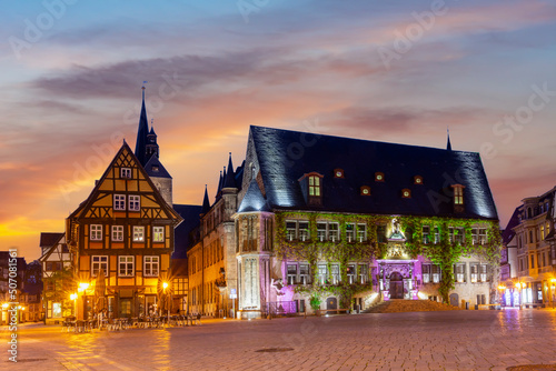 Market square with Town Hall at night  Quedlinburg  Germany