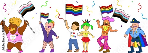 LGBT community. Banner with a group of people participating in a Pride parade. Doodle vector background with gay, lesbian, transgender, and bisexual.