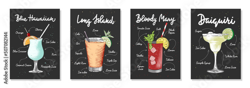 Set of 4 advertising recipe lists with alcoholic drinks, cocktails and beverages lettering posters, wall decoration, prints, menu design. Hand drawn typography with sketches. Handwritten calligraphy.