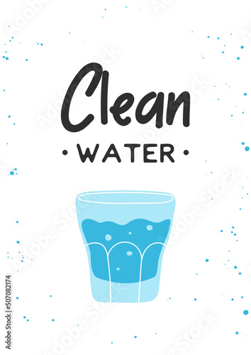 Glass of water clipart in flat line modern style with phrase Clean Water. Healthy lifestyle  hydrate motivation. Hand drawn vector illustration for poster  wall art  banner.