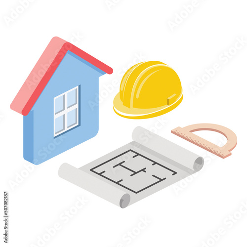 Construction, house, hat, blueprint, ruler. Vector 3d line isometric, color web icons, new flat style. Creative design idea for infographics.