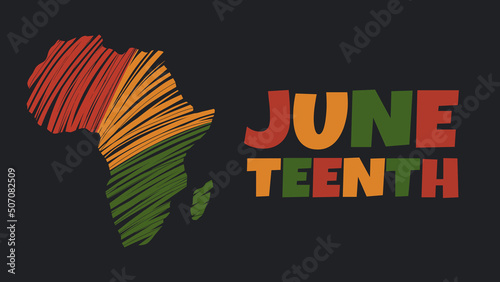 Vector banner Juneteenth - celebration ending of slavery in USA, African American Emancipation Freedom Day. African continent in red, green, yellow scribble on black background