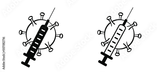 Vaccine and syringe injection. Smallpox, monkeypox or monkey pox viral disease pictogram or logo. Virus outbreak pandemic. Disease spread, symptoms or precautions icon.