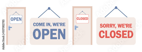 Open and closed door sign. Vector flat illustration 