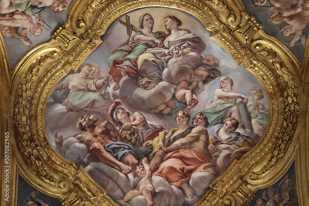 Fototapeta premium Santi Ambrogio e Carlo al Corso Basilica Ceiling Fresco with Heavenly Scene with Various People and a Dog in Rome, Italy