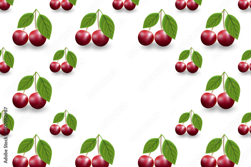 Cherry illustration with leaves seamless pattern on white background. Colorful stylish illustration for backgrounds, textiles, tapestries. Illustration with copy space.