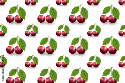 Cherry illustration with leaves seamless pattern on white background. Colorful stylish illustration for backgrounds  textiles  tapestries.